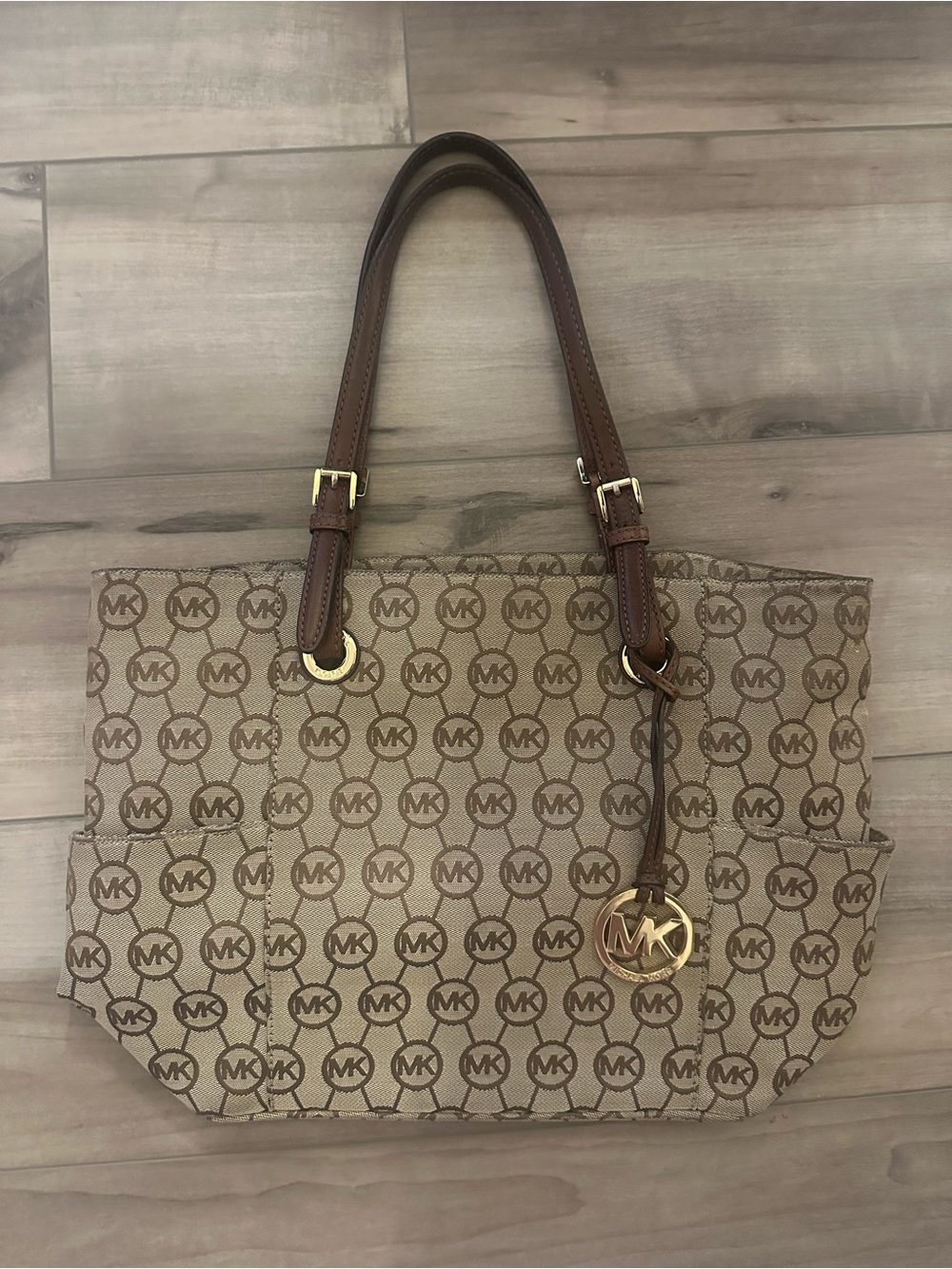 Michael Kors Beige & Brown Signature MK Tote with Gold Charm